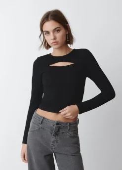T-Shirt Cut-Out Geribd Lange Mouwen